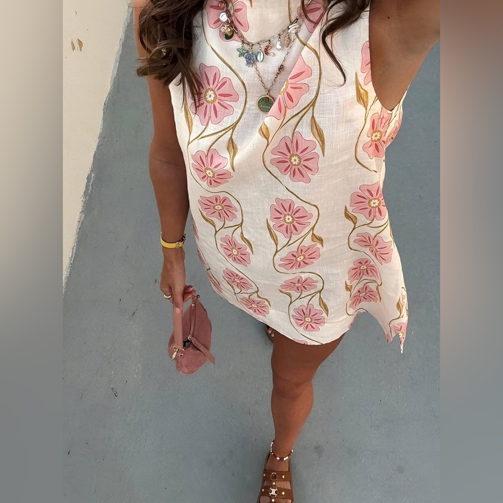NWT Commense Romantic Floral Print Short Dress Sz M White/Pink (CM1) - Picture 4 of 10